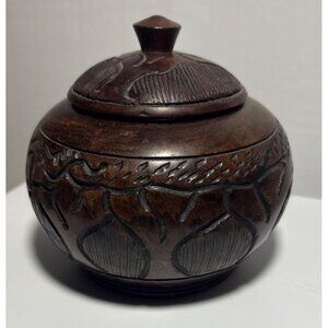 Vintage Hand Carved African Wooden Spice Jar Round With Lid 4.25" Tall